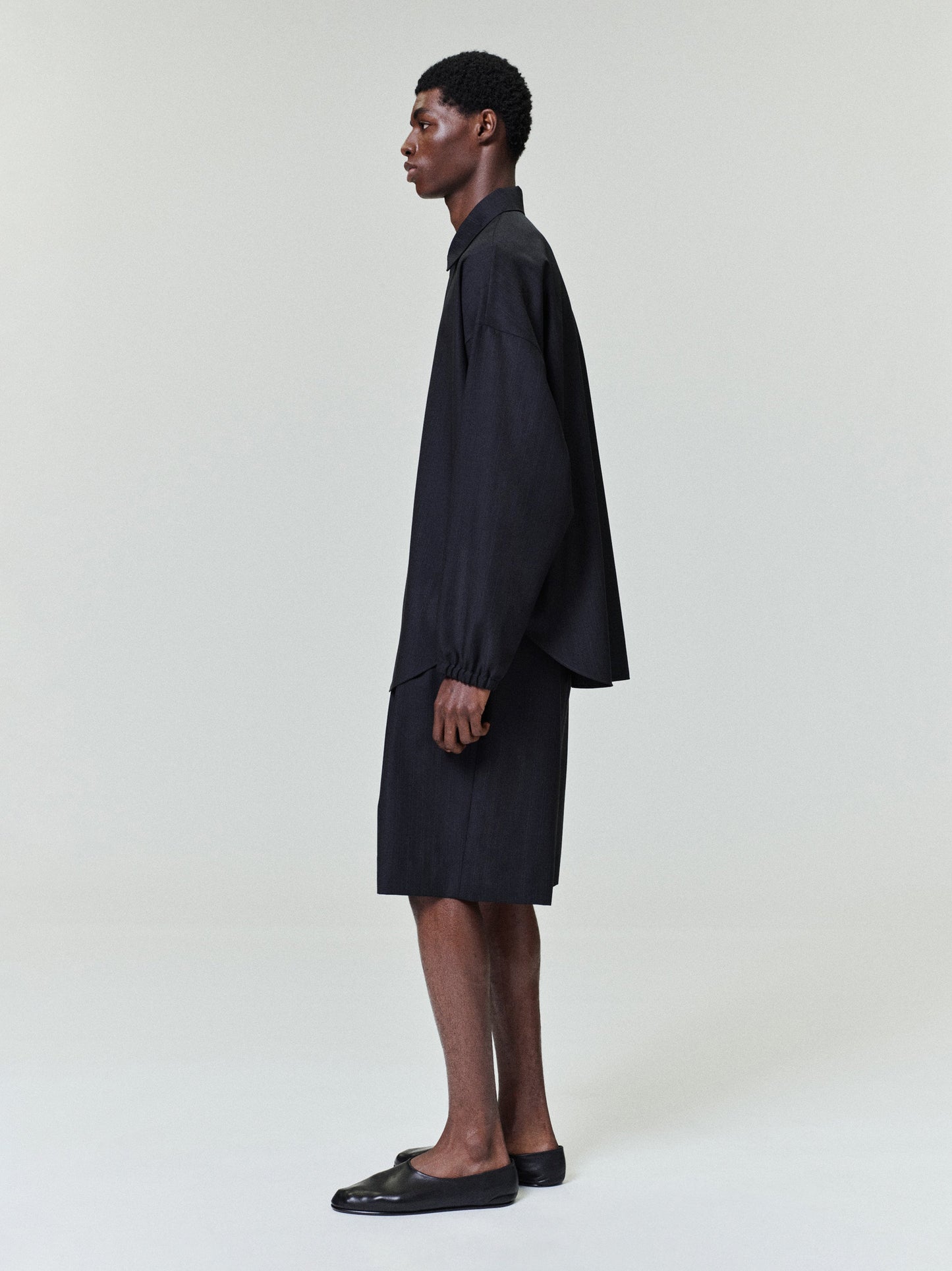Black Striped Wool Baggy Shorts